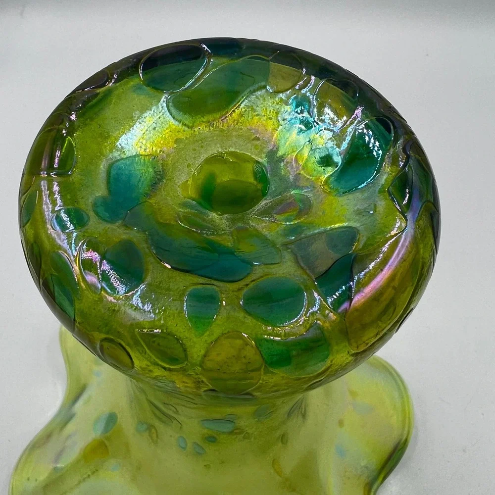 Glass Eye Studio Iridescent Hand Blown Art Glass Ruffle‎ Vase Green Blue
